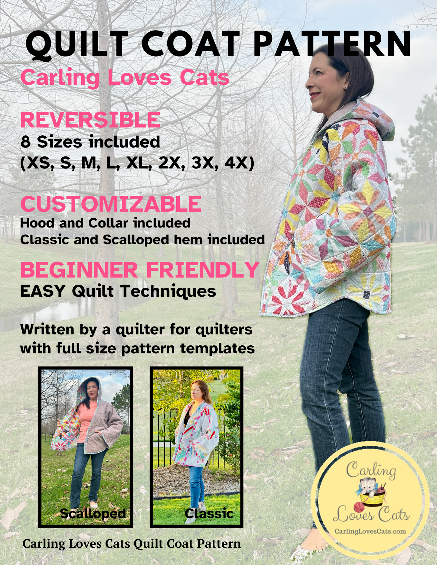 Updated for 2026! Reversible Quilted Coat Pattern | 8 Sizes (XS–4X) | Collar or Hood | FREE Video Tutorials
