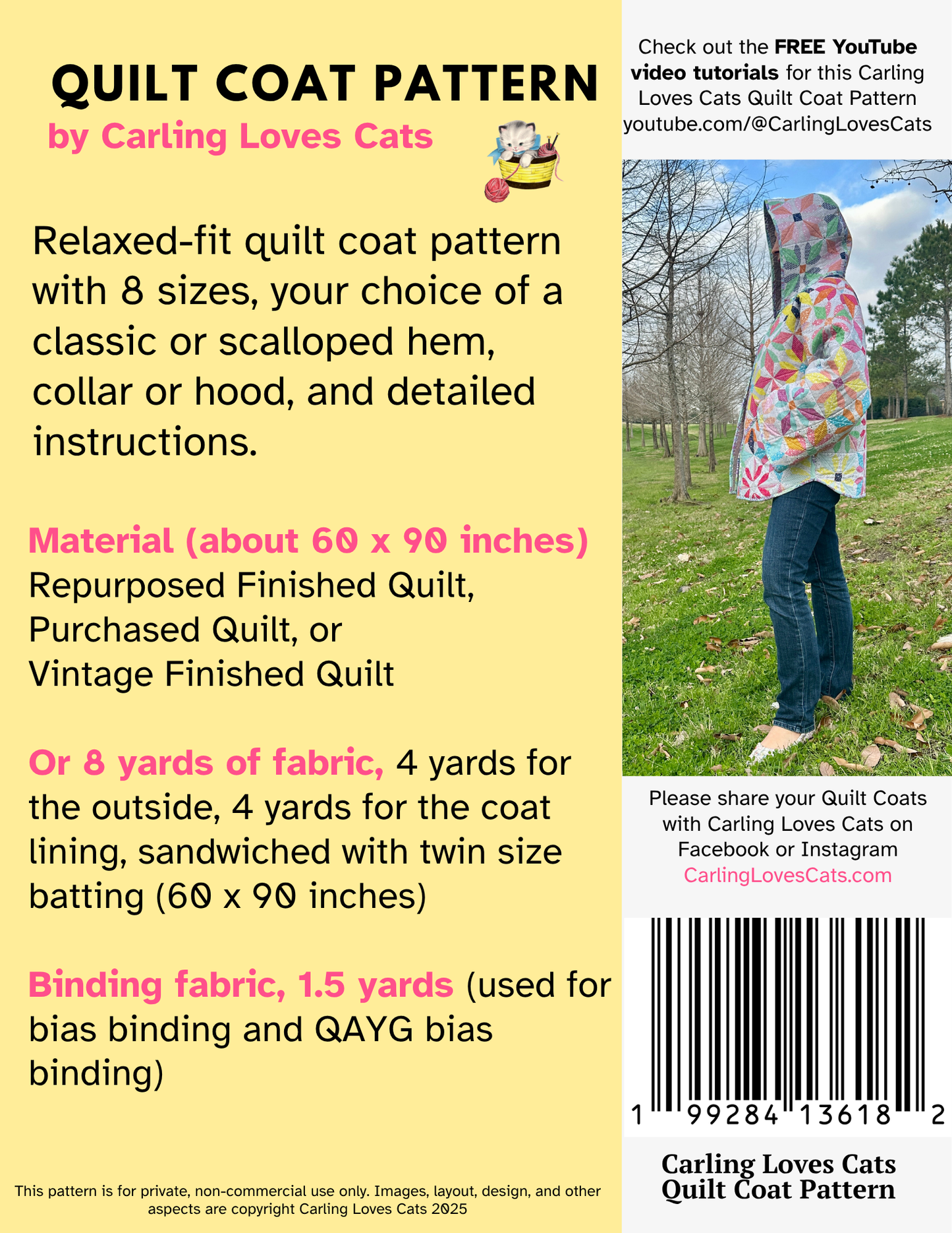 Updated for 2026! Reversible Quilted Coat Pattern | 8 Sizes (XS–4X) | Collar or Hood | FREE Video Tutorials