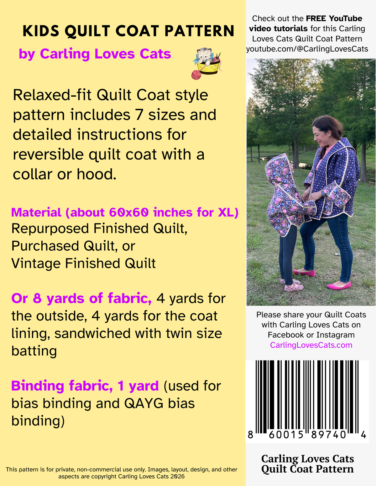 Kids Reversible Quilted Coat Pattern with Collar or Hood with FREE video tutorials