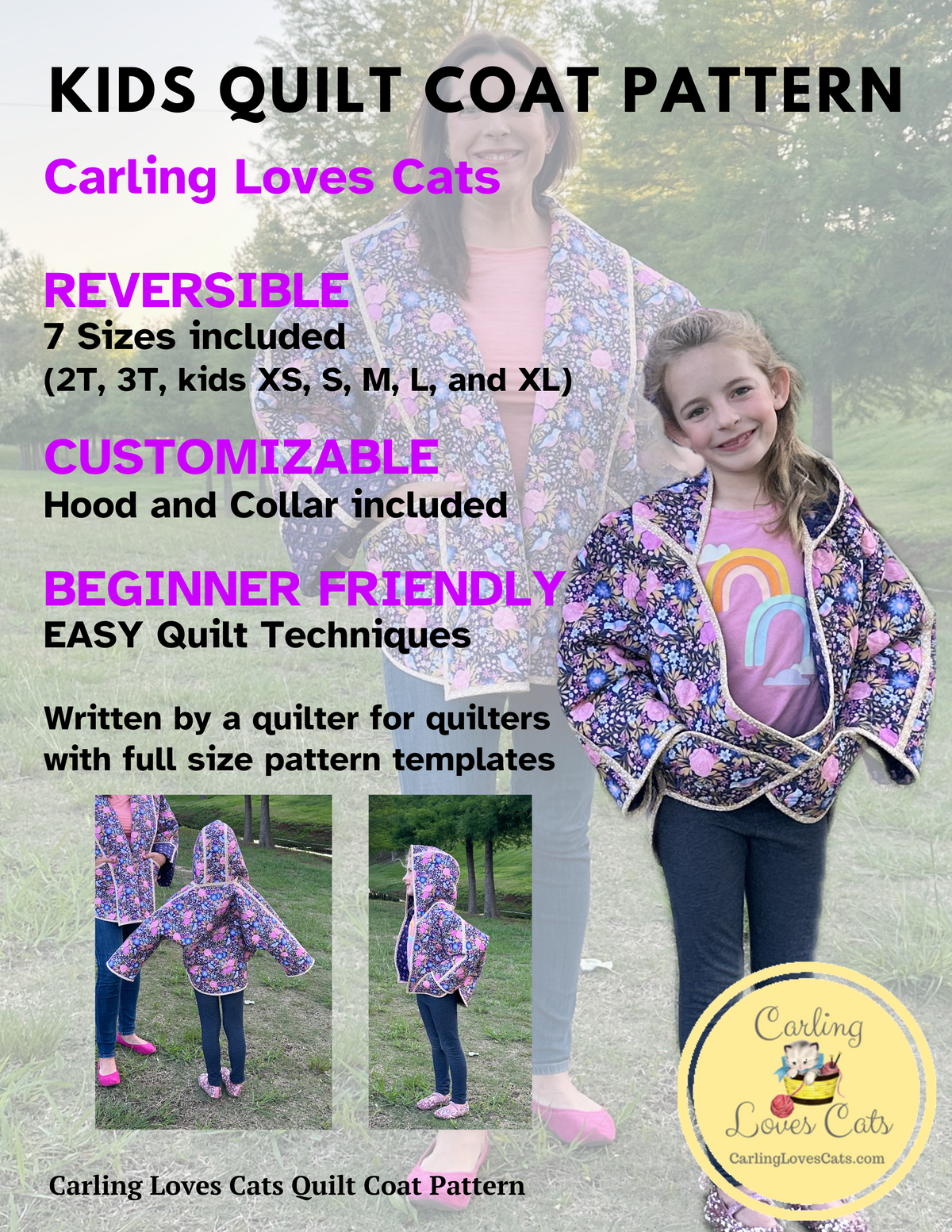 Kids Reversible Quilted Coat Pattern with Collar or Hood with FREE video tutorials