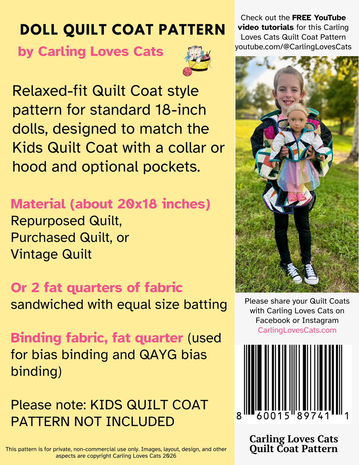 18 inch Doll Reversible Quilted Coat Pattern with Collar or Hood with FREE video tutorials