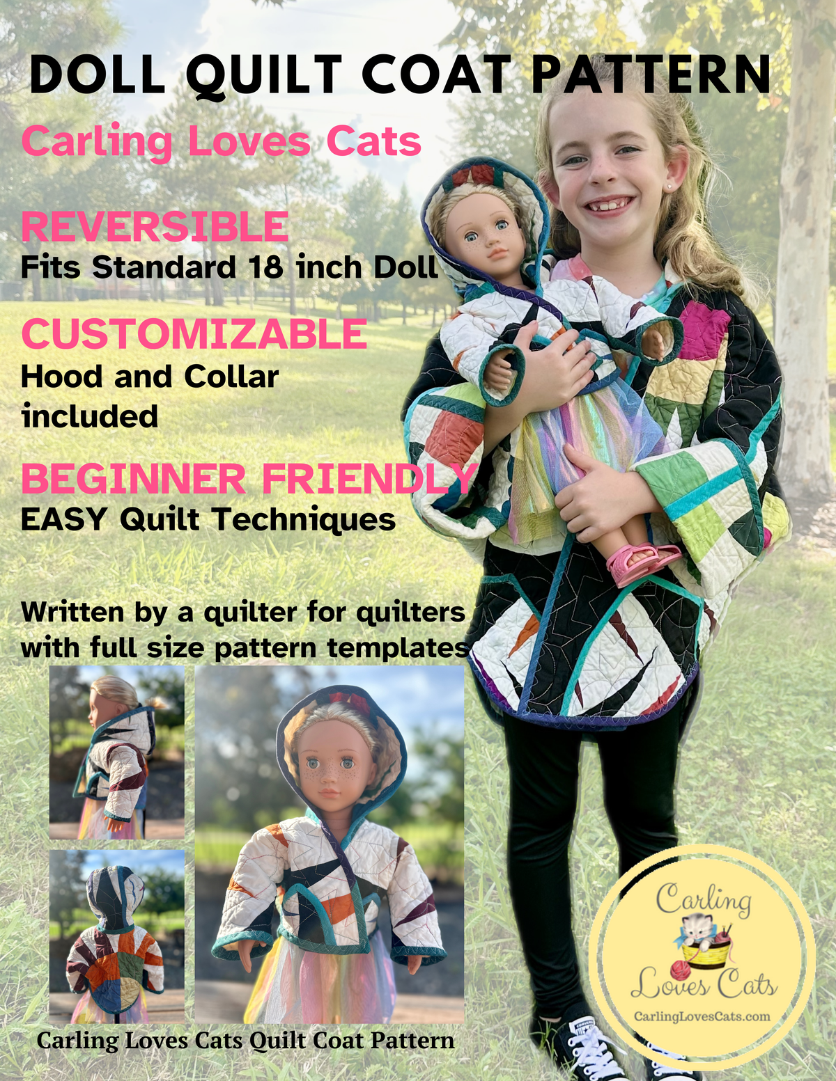 18 inch Doll Reversible Quilted Coat Pattern with Collar or Hood with FREE video tutorials