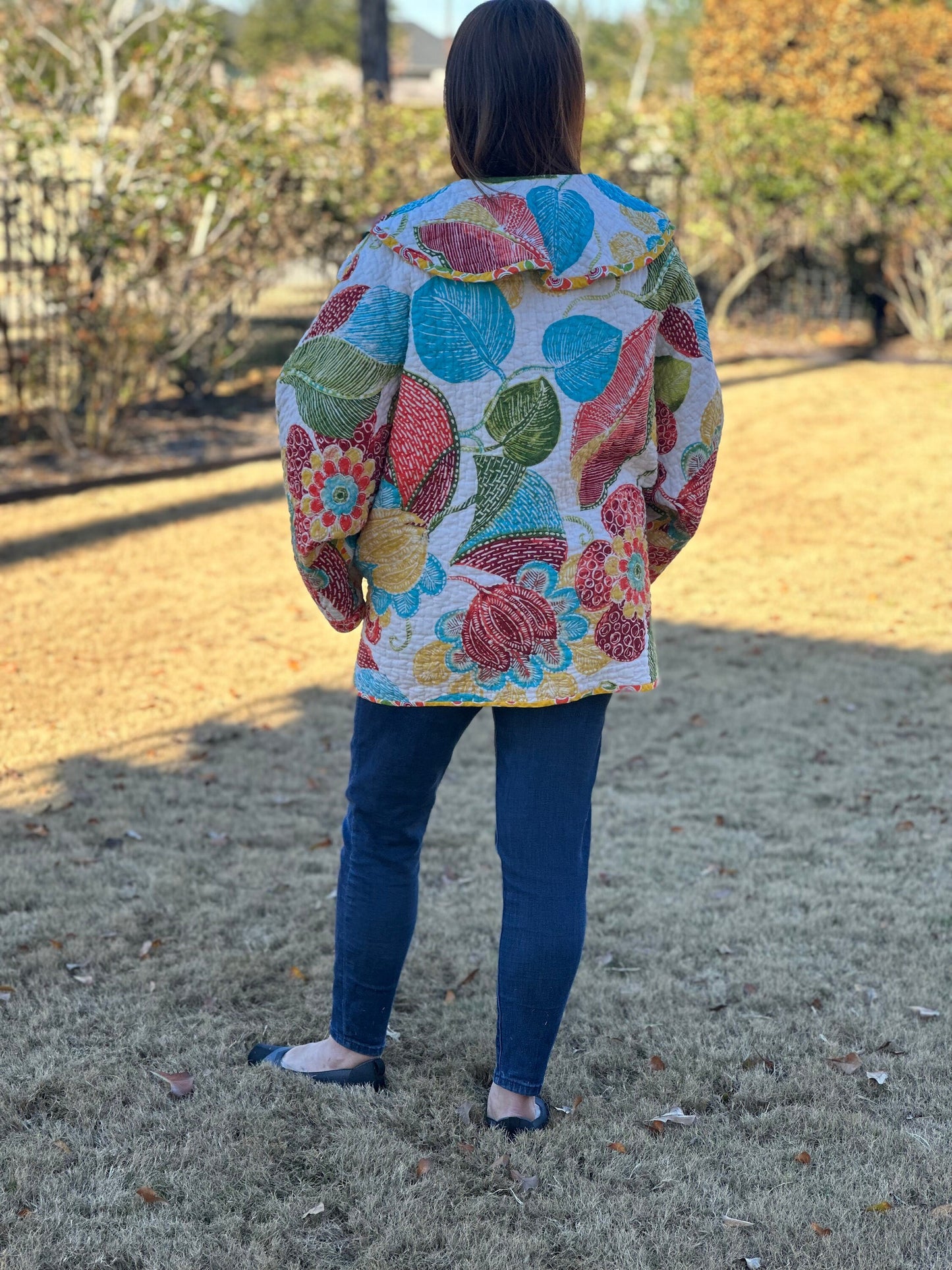 Quilted Coat / Quilted Jacket / Quilt Coat / Quilt Jacket / Upcycle Quilt / Handmade / Yellow and Teal Floral Leaf Print Quilt