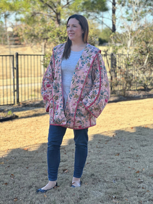 Quilted Coat / Quilted Jacket / Quilt Coat / Quilt Jacket / Upcycle Quilt / Handmade / Floral Print Kantha Quilt