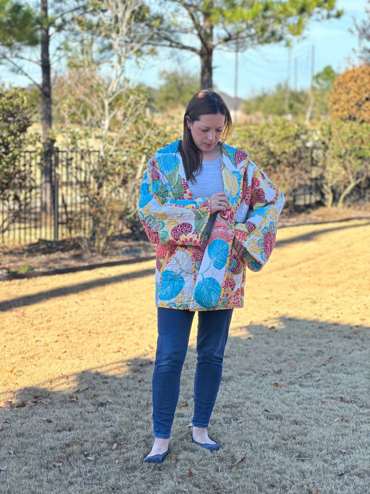 Quilted Coat / Quilted Jacket / Quilt Coat / Quilt Jacket / Upcycle Quilt / Handmade / Yellow and Teal Floral Leaf Print Quilt