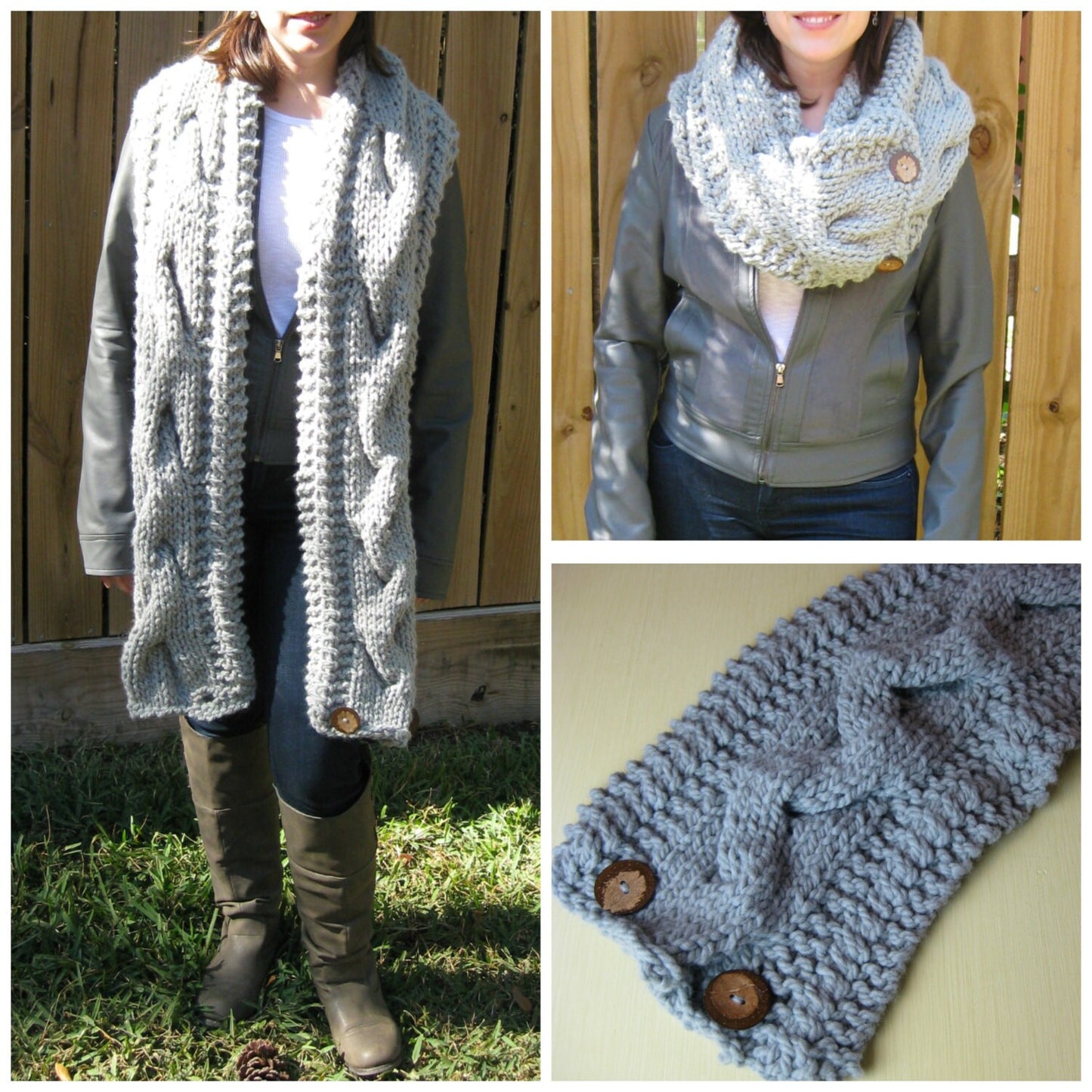 Downloadable Digital PDF PATTERN Handmade Knit Scarf / Oversized Chunky / Infinity Scarf / Gray Cowl / Cable Design / Wrap / Neckwarmer