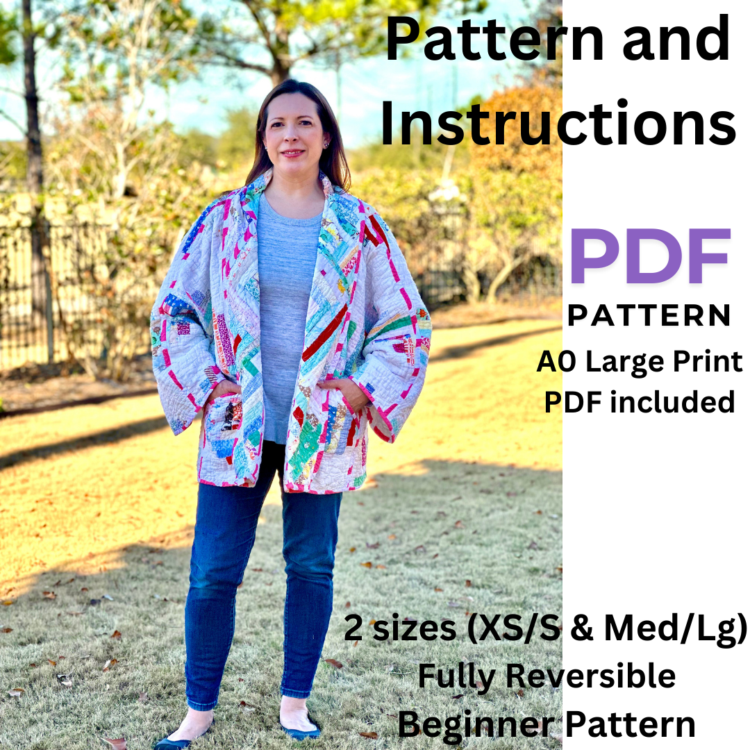 Downloadable Digital PDF PATTERN (8.5"x11" and A0 sizes) for Quilted Coat with Collar / Reversible / FREE video tutorials